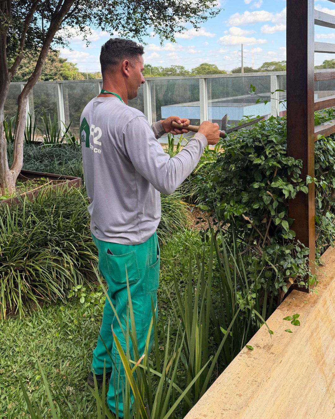 Jardineiro uniformizado aparando arbustos com tesoura em jardim corporativo