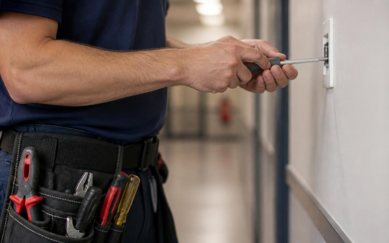 Mãos executando pequeno reparo predial com chave de fenda