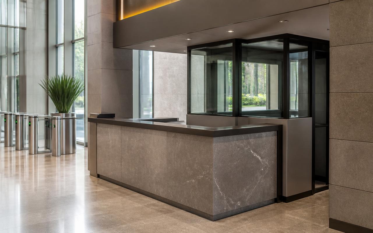 Balcão de portaria e controle de acesso em lobby corporativo